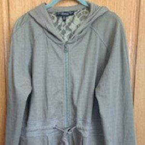 Colleen Lopez Long Cotton Cardigan Green/Gray Lace Back Hood Pockets Full Zip XL